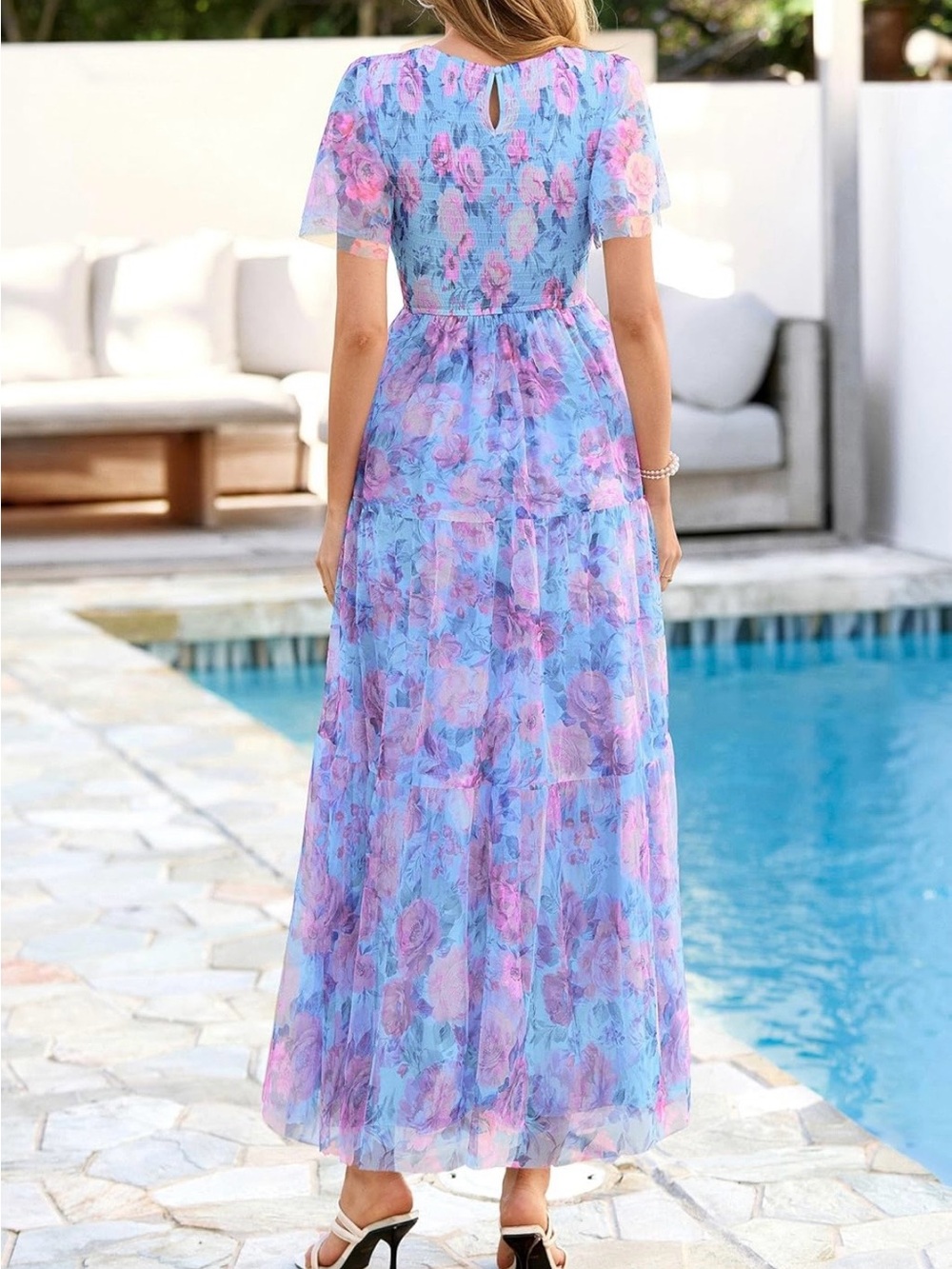 #12 Pretty Garden Floral Dress Short Sleeve Maxi Smocked Flowy Size L - Picture 3 of 6